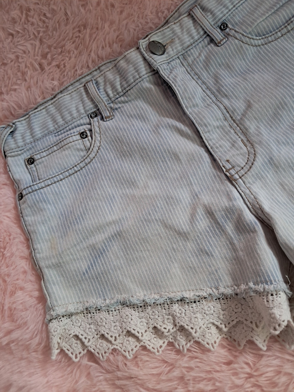 Free People Light Blue Striped Lace-Trim Denim Shorts - Picture 3 of 7